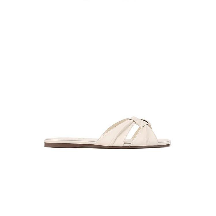Lambskin version~ Genuine leather square head wrinkled flat bottom beach slippers women's sandals outside summer