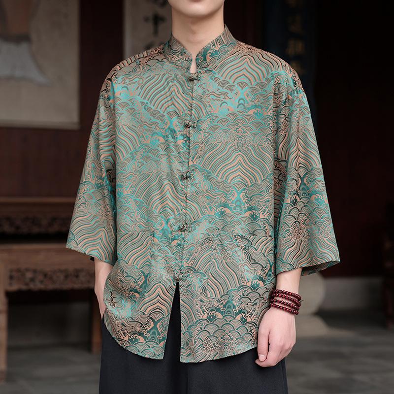 Chinese style ice silk seven-quarter-sleeved shirt men's Tang suit buckle Hanfu large size printed short-sleeved shirt ethnic style