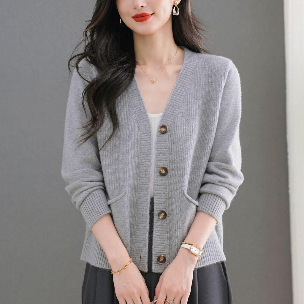 2025 Herbst Damen Eleganter V-Ausschnitt Einreihiger Strick-Cardigan Pullover Mantel mit Taschen.