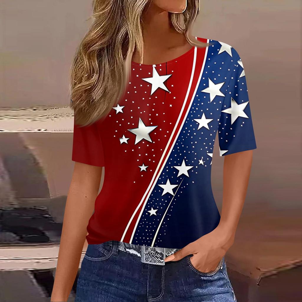 Damski modny, swobodny, krótki rękaw, nadruk, okrągły dekolt, bluzka typu pullover