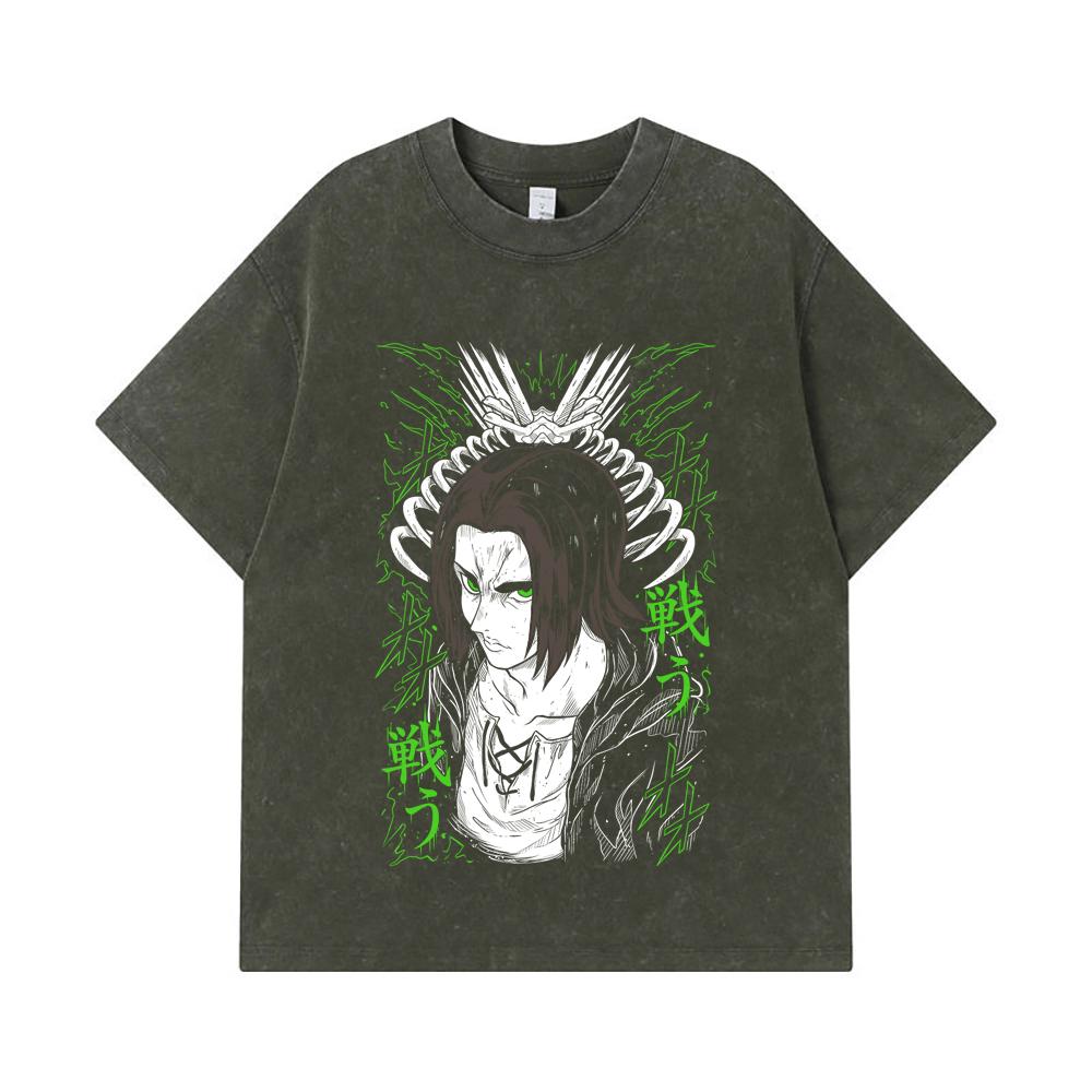 

275 GSM Washed T-shirts 100% Cotton Attack on Titan V1 Eren Print Unisex Heavy Cotton T Shirt S армия зеленый