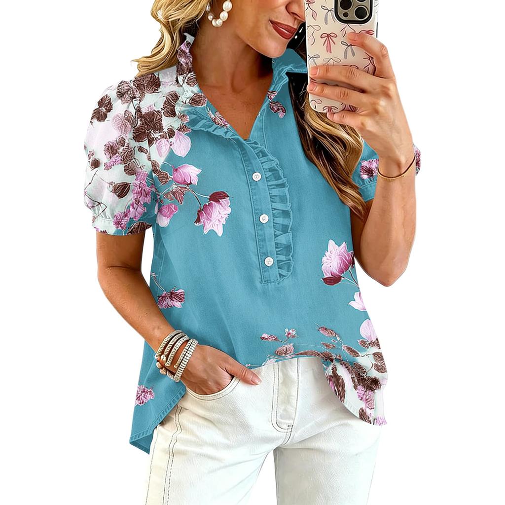 Women Ruffle V Neck Floral Print Short Sleeve Blouse Casual Loose Fit Button Down Top for Daily Office Wear