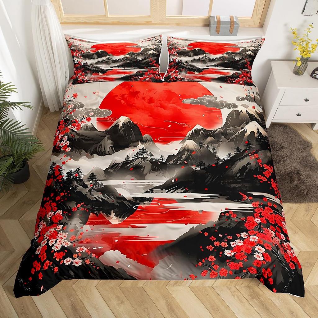 Japanese Landscape Duvet Cover Set For Teens Adults Queen Quilt Covers Lightweight Down 2 Pillowcases 1 Duvet Cover No Comforter