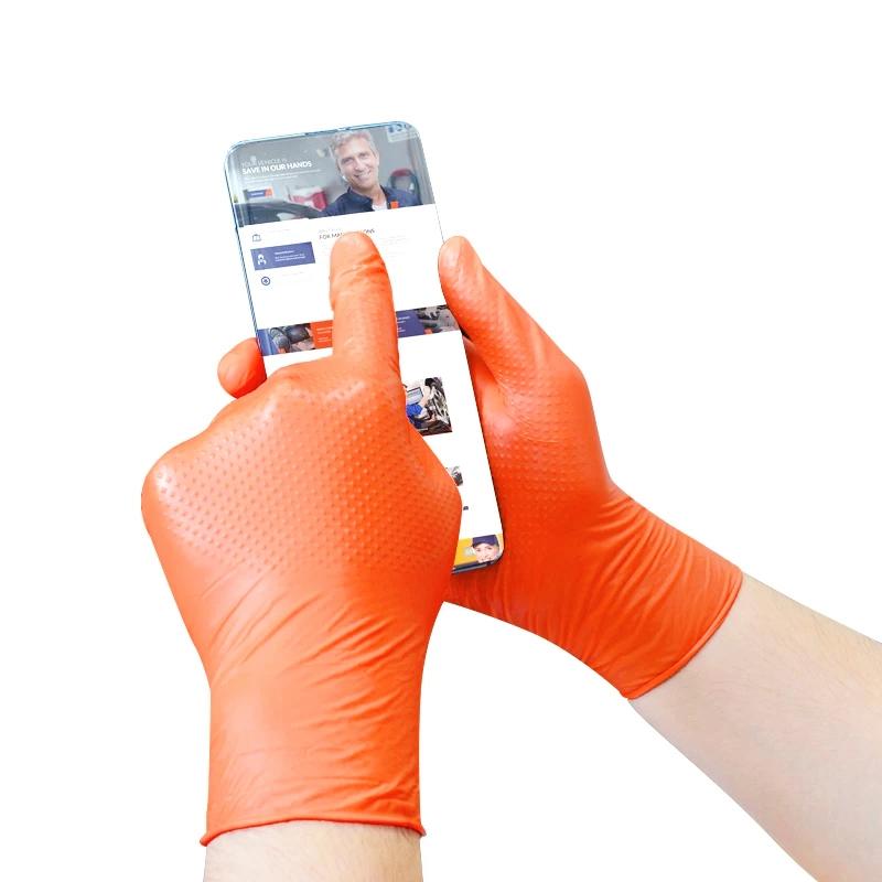 Heavy Duty Black Orange Nitrile Gloves 8Mil Industrial Disposable Gloves with Diamond Textured Grip for Mechanic Safety & Work Gloves