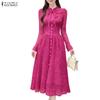ZANZEA Women Elegant Lace Patchwork Casual Stand Collar Long Sleeve Dress
