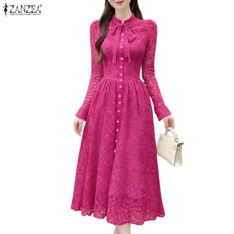 ZANZEA Women Elegant Lace Patchwork Casual Stand Collar Long Sleeve Dress
