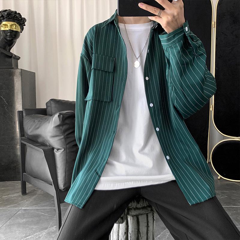 

Men s Harajuku Style Striped Long Sleeve Shirt - Trendy, Casual, Loose-Fit, Versatile Korean Button-Down Jacket XXXL зелёный