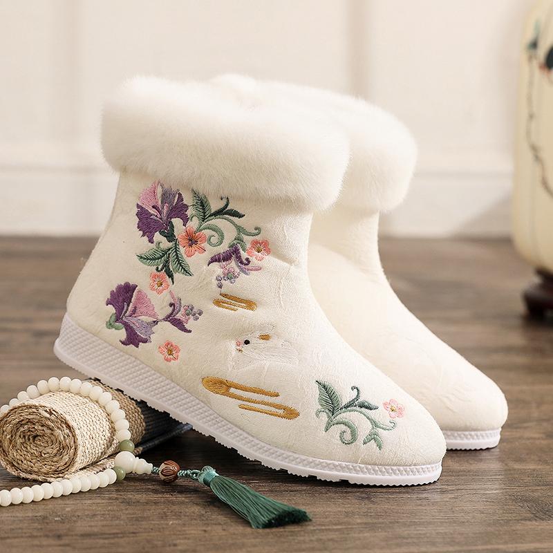 Women's Winter Boots Fashion Ethnic Style Embroidered Short Boots Women Warm Snow Shoes Female Antiquity Dance Flat Boots
