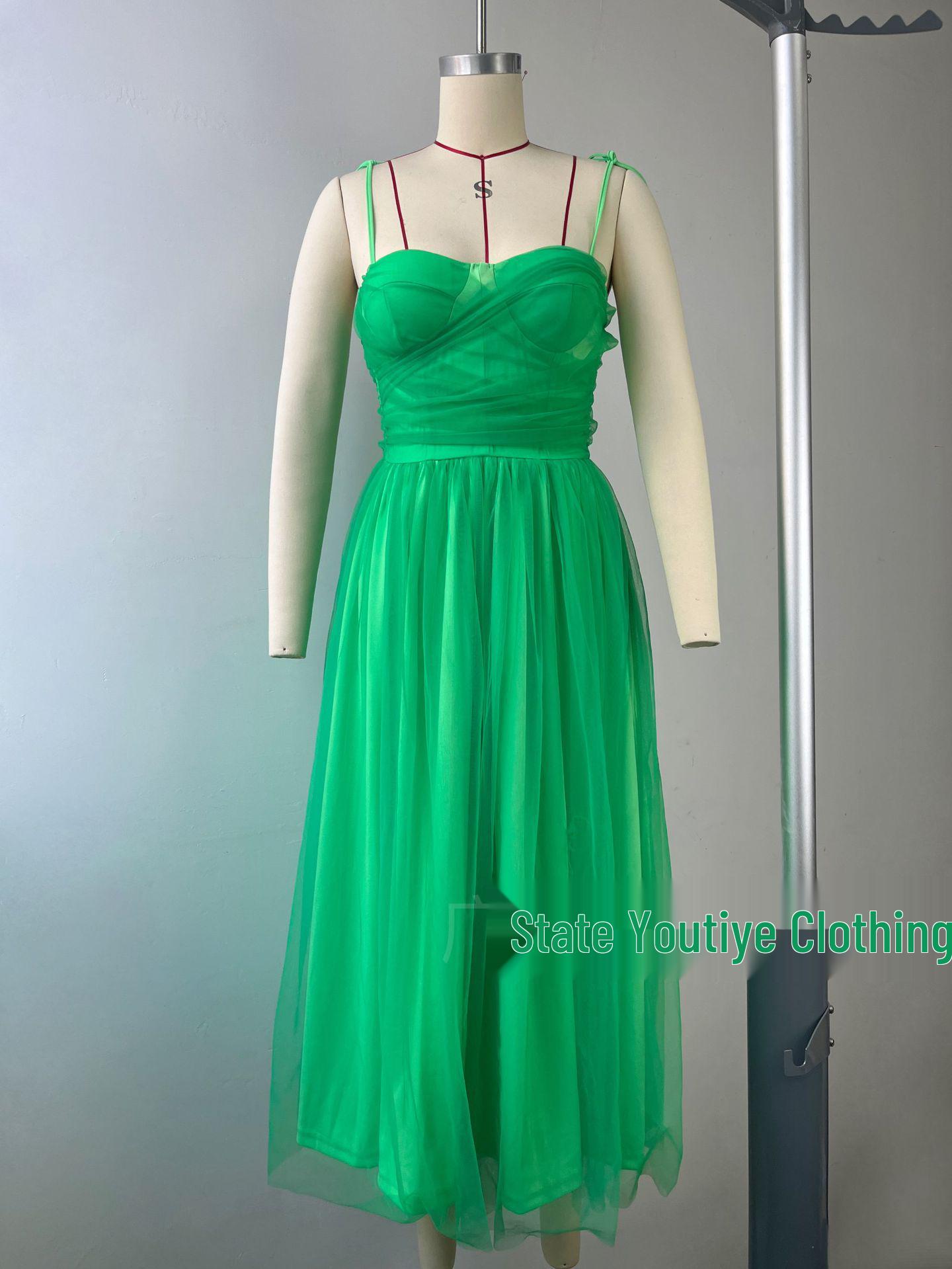 Элегантное женское сетчатое платье-миди с майкой и бантом, трансграничное Small зелёный