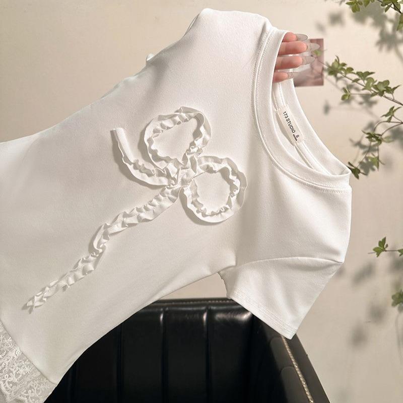 Summer cotton short-sleeved t-shirt women's Korean hem lace solid color round neck versatile women's new top