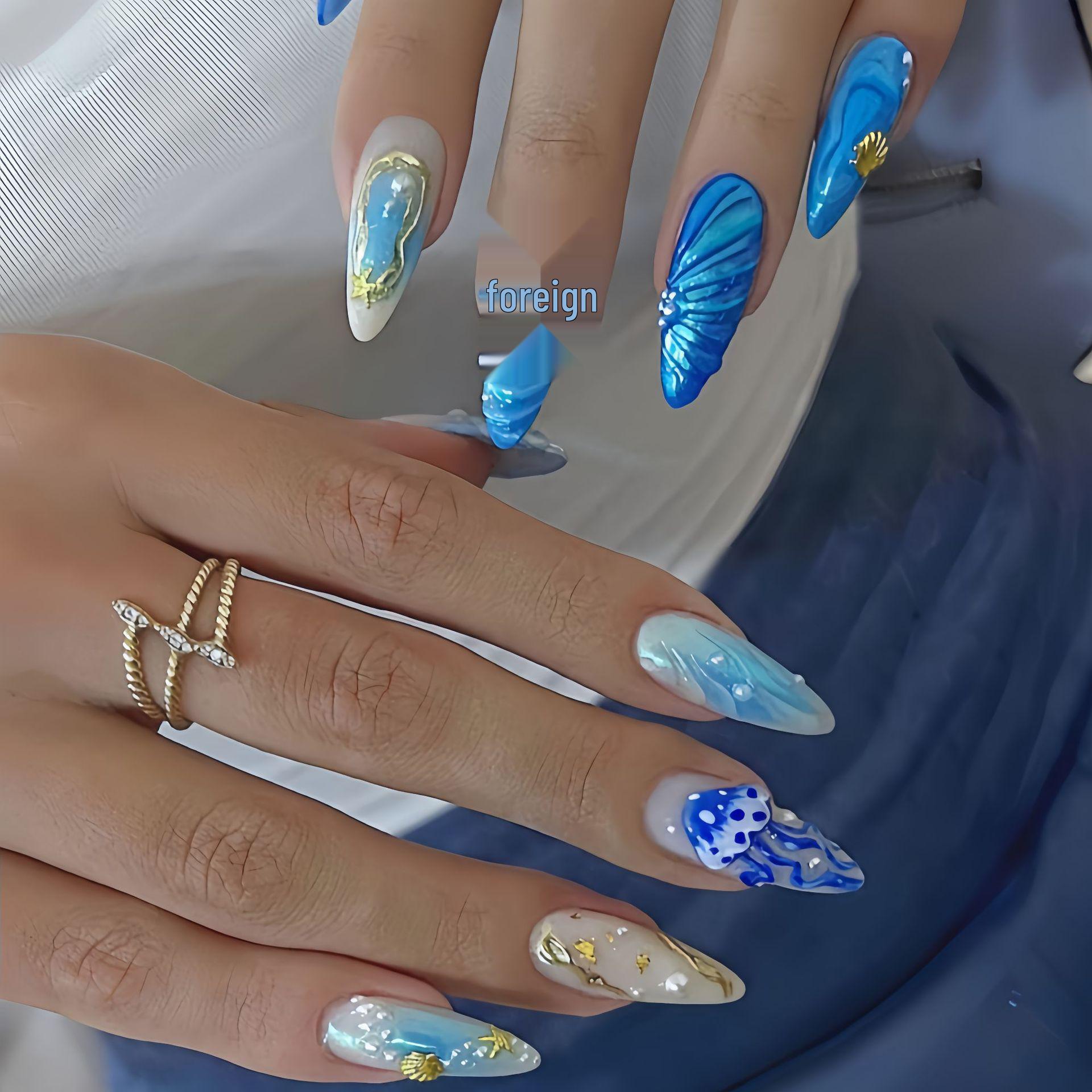 3D Rhinestone Embossed Long Pointed Fashionable Nail Art - Detachable & Wearable
