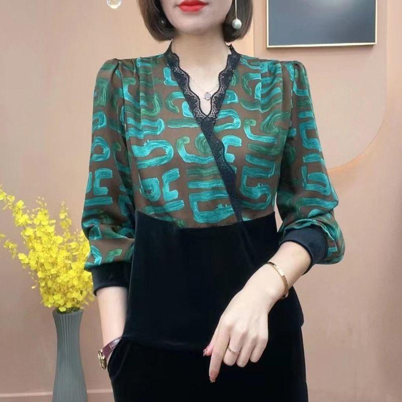 

Vintage Printed Female Clothing Lace Patchwork Blouse Stylish Slim Elegant V-Neck 2023 Spring Autumn All-match Long Sleeve Shirt XL зелёный