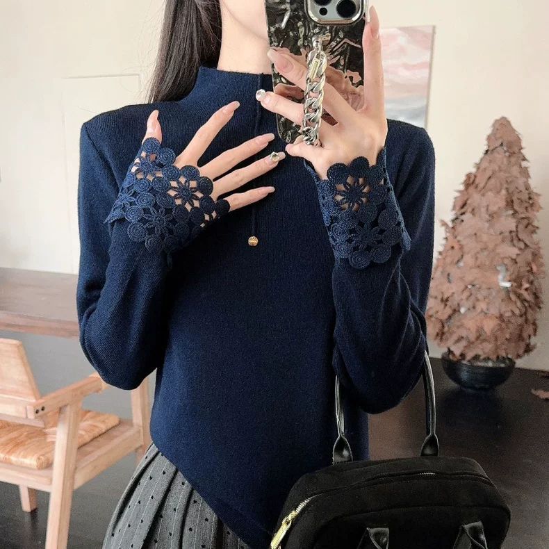 Red Sweater High-end Niche Lace Cuff Patchwork Turtleneck Knitwear Fashion Inner Base Layer Top
