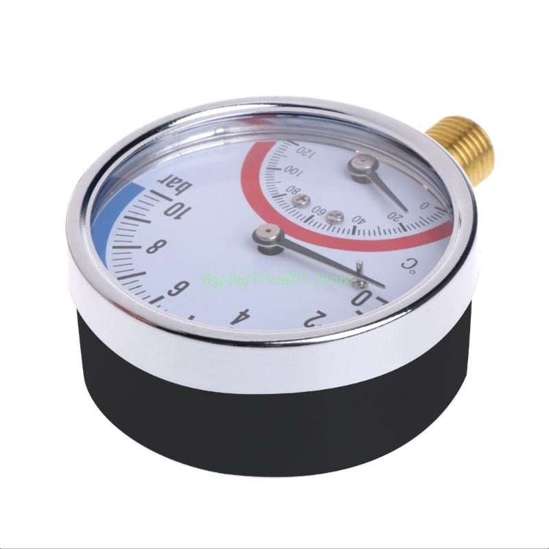 24TE Pressure Gauge with Metal for Shell 0-10 Bar Thermometer Temperature Tester Meter 0-120℃ Suitable for Industrial Durable