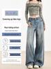 Women's High-Waist Deep Blue Wide-Leg Jeans - Versatile, Slimming, and Floor-Length for Spring & Autumn 2025