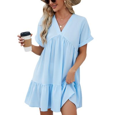 Damen Sommerkleid mit V-Ausschnitt, einfarbig, kurzärmelig, plissiert, locker