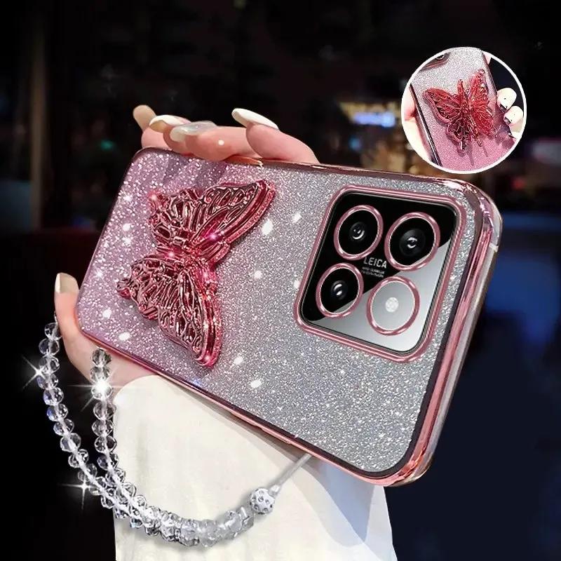 3D Butterfly Phone Holder Crystal Bracelet Glitter Plating Case for Xiaomi Mi 14 Ultra 13 12 11 Lite Pro Back Cover