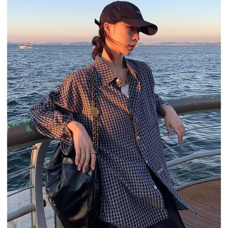 ICH MODE Plaid Collector Korean Style Retro Long Sleeve Shirt