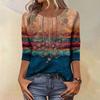 Trendy Vintage 3/4 Sleeve Top For Women ,Ladies Casual Three Quarter Sleeve Round Collar Printed T-Shirt Blouse