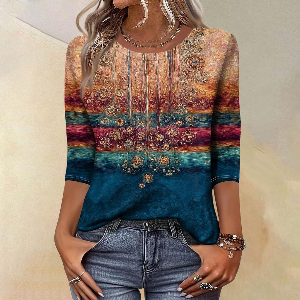 Trendy Vintage 3/4 Sleeve Top For Women ,Ladies Casual Three Quarter Sleeve Round Collar Printed T-Shirt Blouse