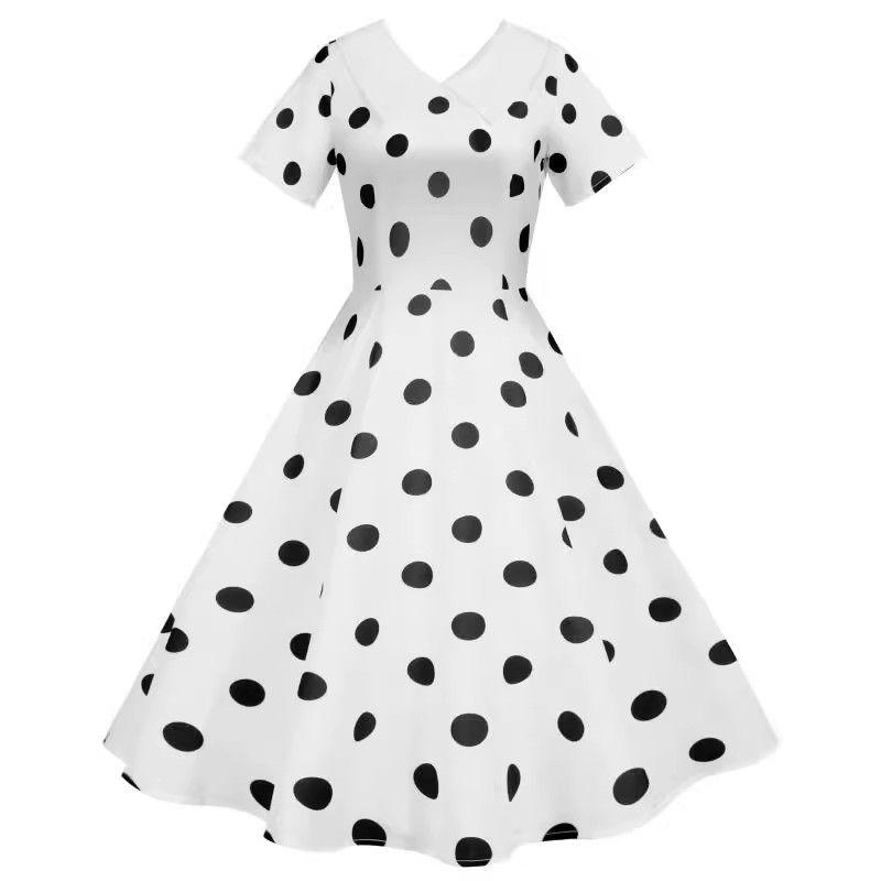 

Fashion Style French Retro White Lapel Polka Dot Dots Print Waist Trimming Short-Sleeved Swing Dress Party Performance White 2XL