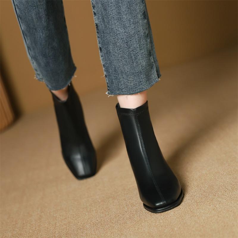 New women's boots high heel square head short boots Martin boots rear zipper short boots spring and autumn single boots women's thick heel boots