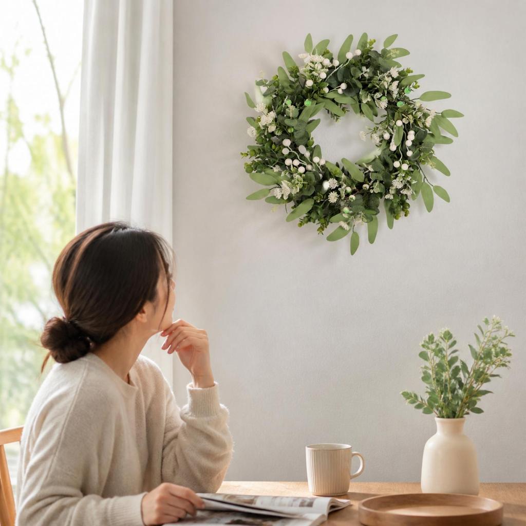 Faux Eucalyptus Wreath with White Flowers Authentic Artificial All Seasons for