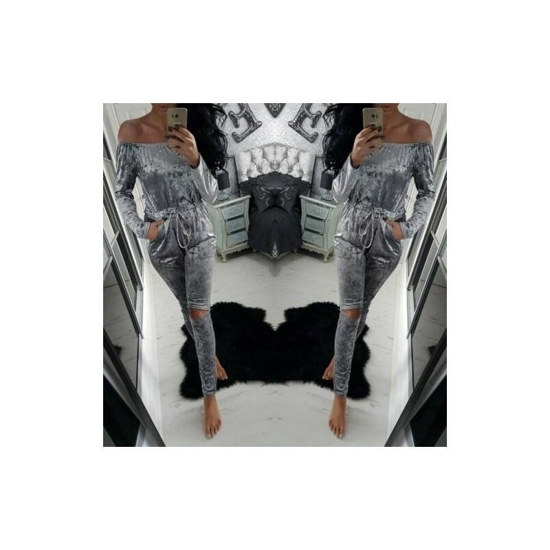 Crushed New Women Velvet Lounge Tracksuit Off Shoulder Slit Knee Jumpsuit Romper