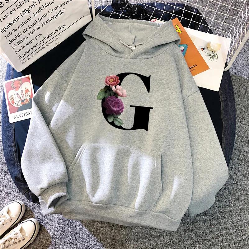 New in Womens Hoodies Casual Letters A-Z Printed Sweatshirts Sportswear Outdoors Sports Jogging Woman Clothing Running Grey Tops