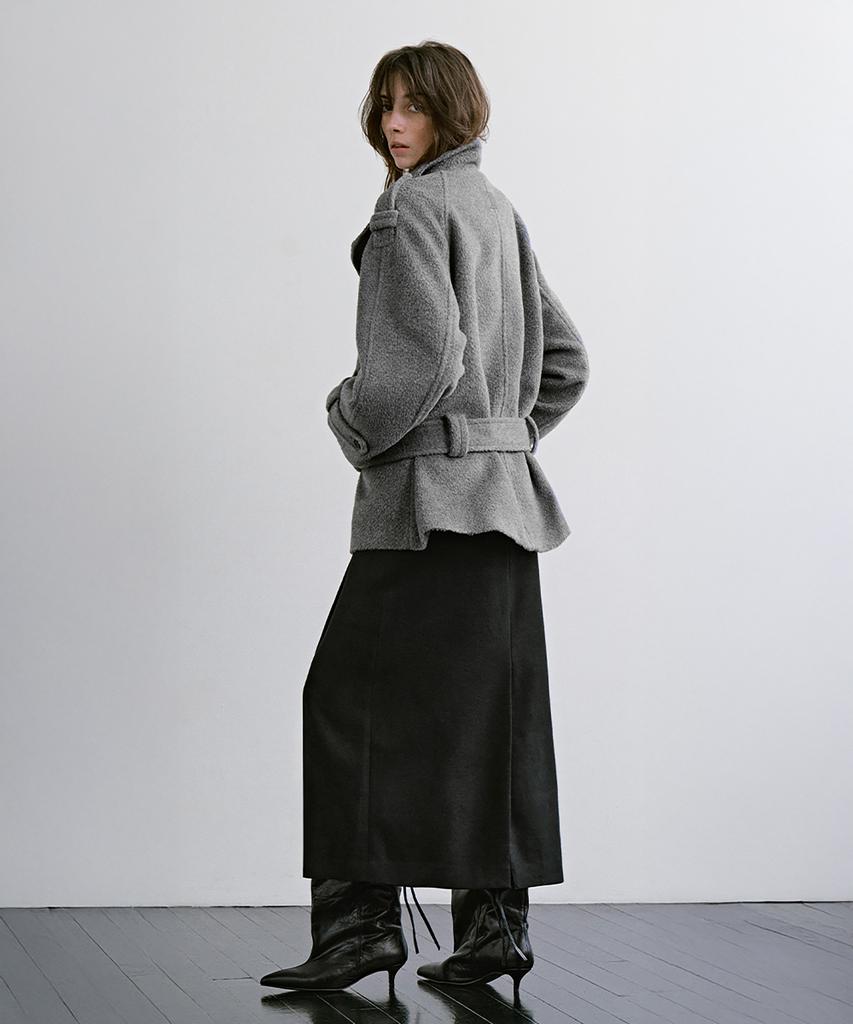 TREEMINGBIRD High-Neck Convertible Belted Half Coat [ Gray ]