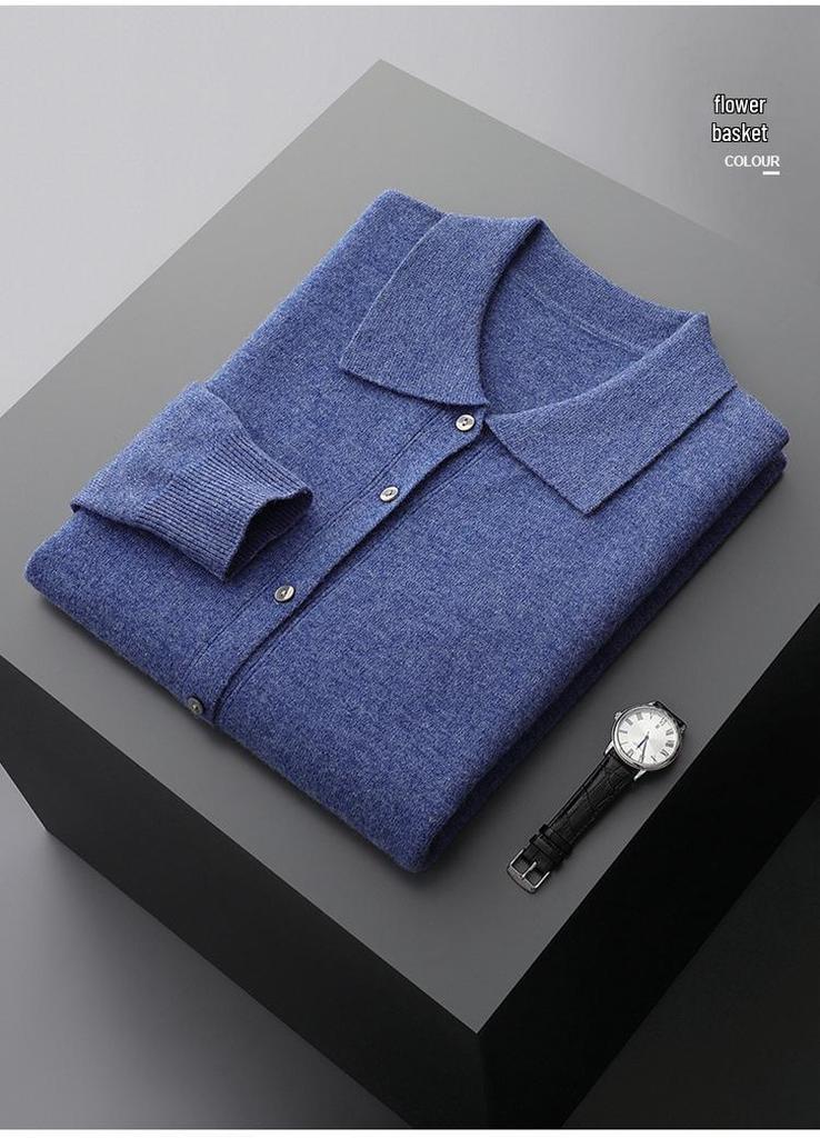 Men's Autumn Wool Cardigan with POLO Collar and Business Lapel, Long Sleeve Sweater for Autumn/Winter.