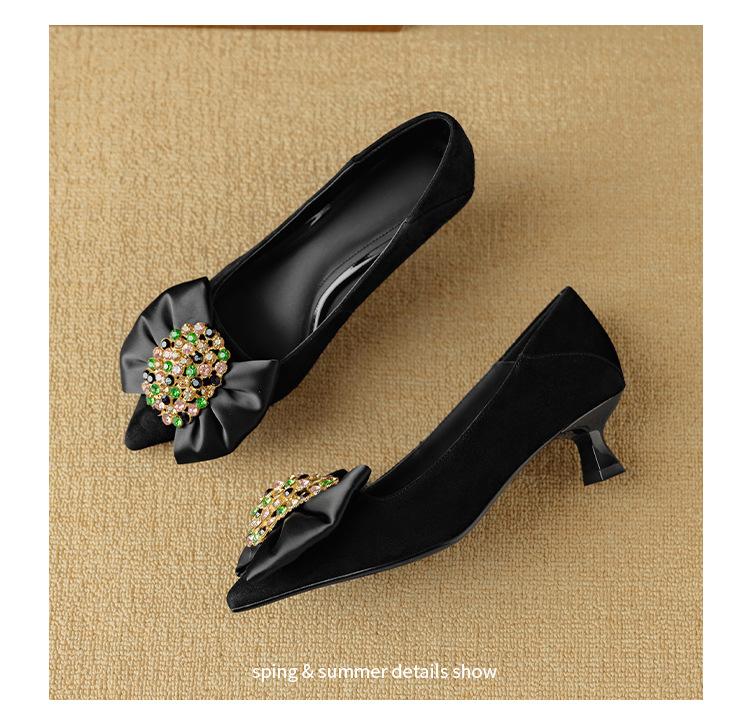 

Fashion Women s Single Shoes with Heels Pointed Toe Thin Heels Colored Rhinestones High Heels Dress One Kick French Zapatillas De Mujer 35 чёрный