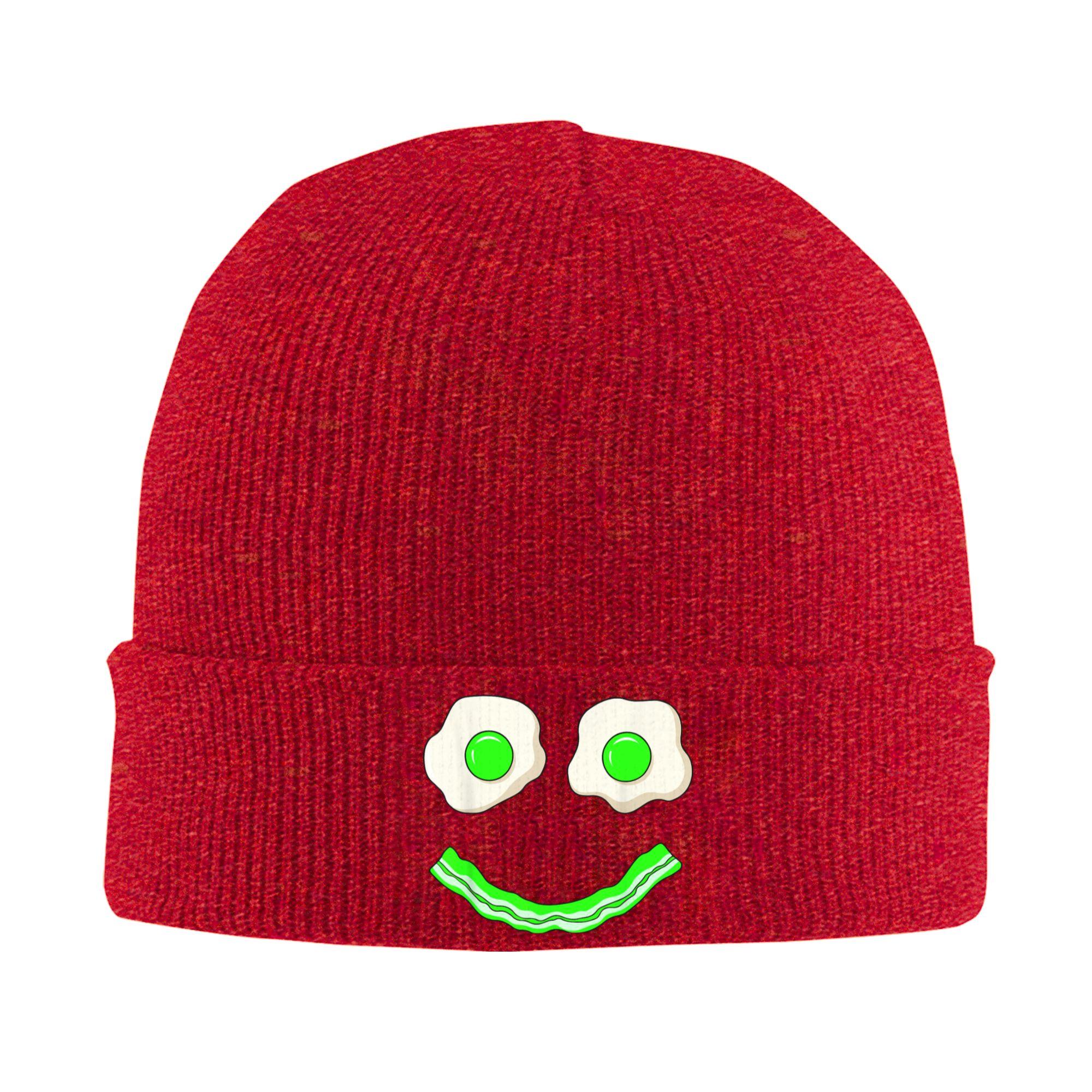 Green Smile Face Eggs and Bacon Ham Breakfast St Patricks Knitting Hat Beanie Hats Outdoor Thermal Elastic Adult Bonnet Hats One Size