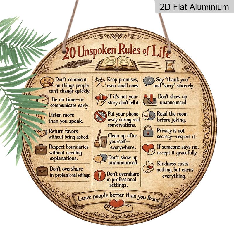 2D Flat, 1pc Round Aluminum Hanging Sign, Vintage Plaque about "20 Unwritten Rules of Life", Inspirational Quotes Wisdom Sayings Life Principles