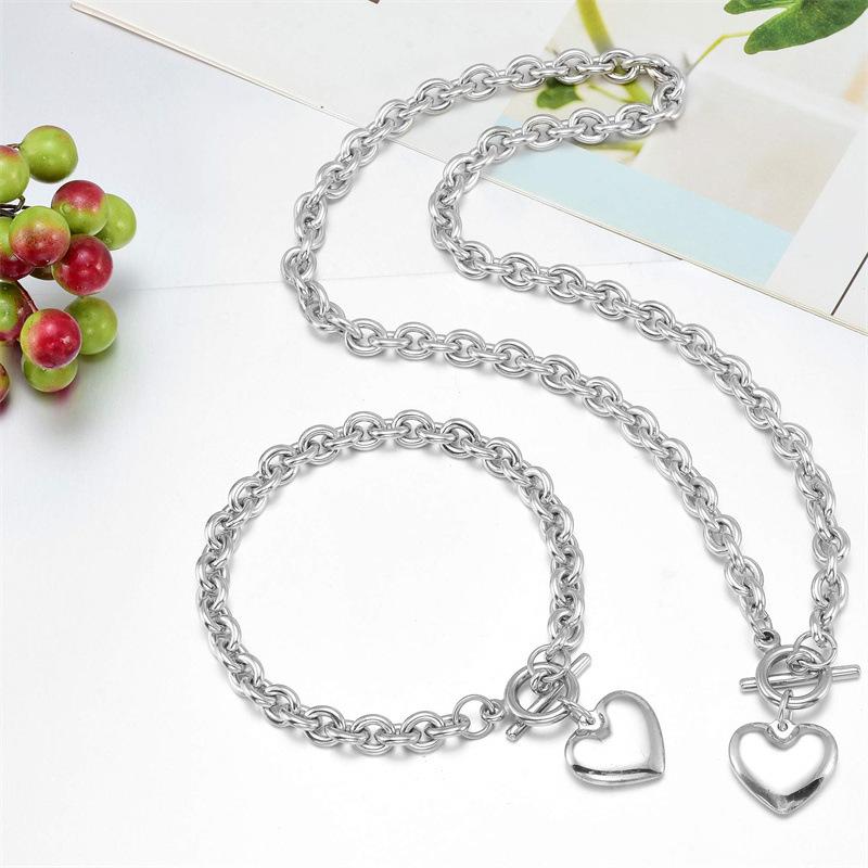 Simple and Trendy OT Snap-on Glossy Smooth Stainless Steel Heart Pendant Necklace and Bracelet for Both Men and Women