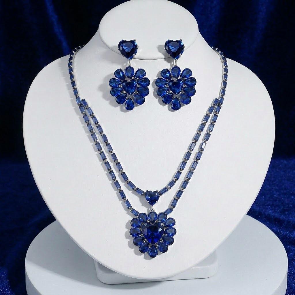 New Double-Layer Zircon Heart Necklace and Earrings Set - Blue Fashion Trend Accessories