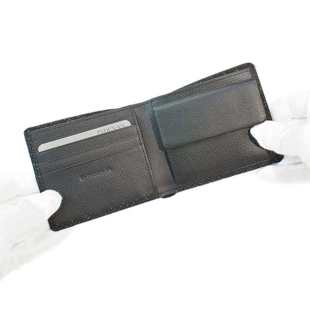 [Inden-ya] Inden Bifold Wallet with Bill Compartment J and Coin Purse, Deerskin, Black with Black Lacquer, Gourd Pattern, 2006-01-007