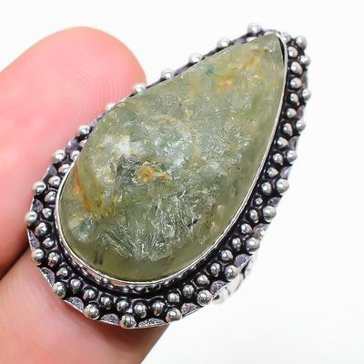 Pedra Prehnita Natural Bruta Prata de Lei 925 Anel de Presente Tamanho 7.5 q2c97