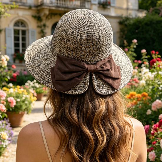 Women Beach Hat, Wide Brim Sun Protection Hat, Foldable Straw Summer Hat with Bowknot Decor, Breathable Outdoor Hat for Fishing, Travel