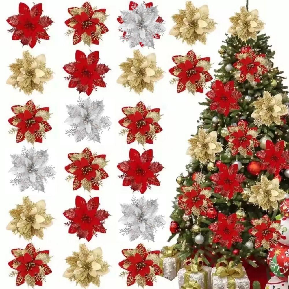 10Pcs Simulation Glitter Xmas Tree Ornaments Christmas Fake Flowers Pendant  Christmas Tree