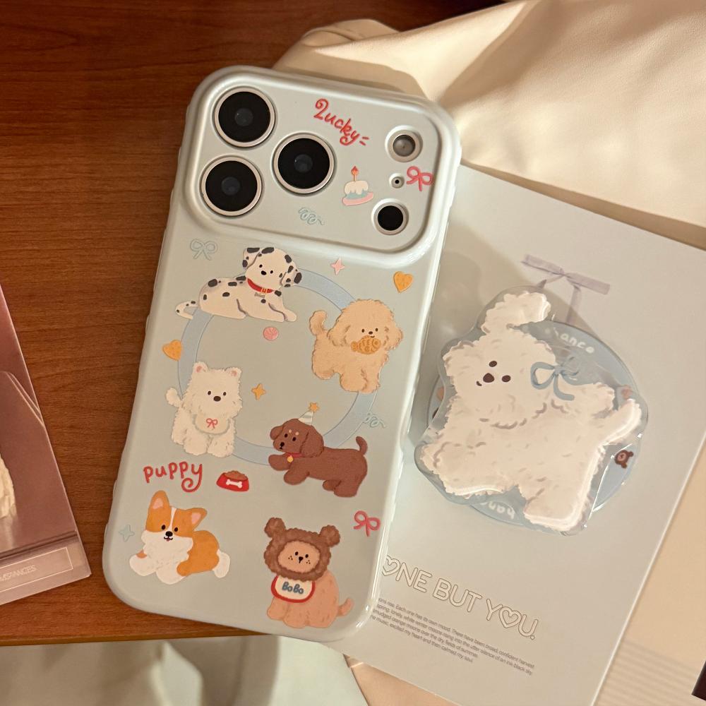 Korean Style Cartoon Puppy Suitable for Apple 17promax Mobile Phone Case Iphone16 Magnetic Bracket 15 Anti-fall 13 Soft Shell