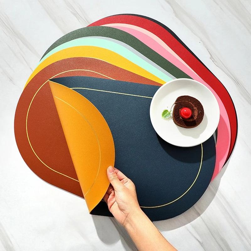 Faux Leather Placemats Set of 6 Double-Sided Color Oval Design Home Decor Kitchen Dining Table Placemats Heat Resistant pad