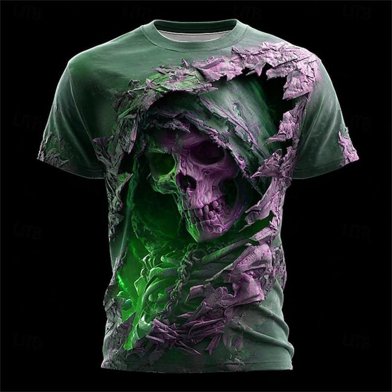 T-shirt da uomo con stampa teschio horror, estate, girocollo, manica corta, alla moda, vestibilità larga, abbigliamento streetwear vintage da uomo