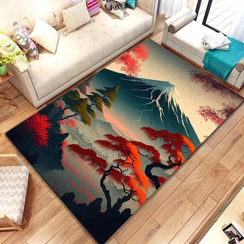 Japanese Landscape Print Rug with Cherry Blossom & Fuji Mountain for Bedroom and Sofa Entryway Decor