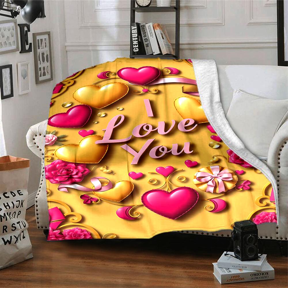 1Pc Love Hearts Celebration Flannel Blanket, Soft And Comfortable, Casual Warm, Camping Travel, Christmas, Halloween Xmas Gift. G110