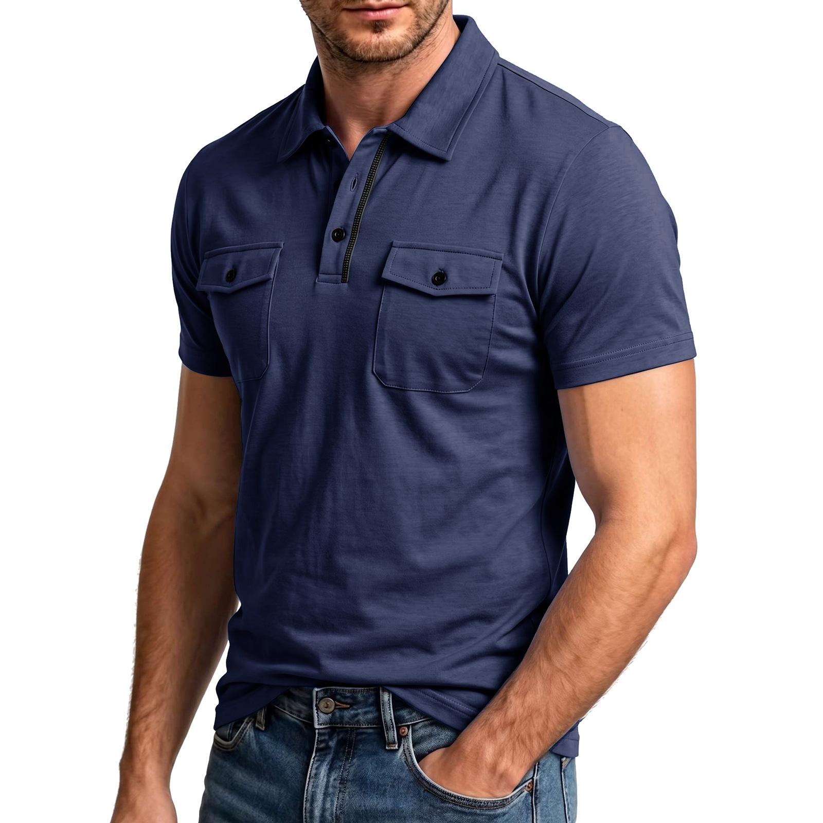 Mimimama Casual Heren Shirt met Korte Mouwen Slim Fit Lichtgewicht Ademend Poloshirt met Dubbele Borstzakken Werkkleding Stijl XXXL Vloot