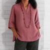 New Summer Women's Casual Loose Linen Cotton Shirt, V Neck Three Quarter Sleeve Blouse for European American, Fit Daily Wear