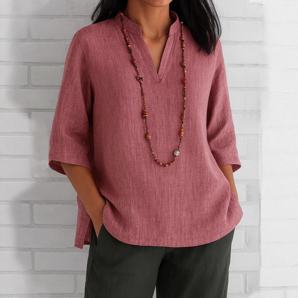 New Summer Women's Casual Loose Linen Cotton Shirt, V Neck Three Quarter Sleeve Blouse for European American, Fit Daily Wear