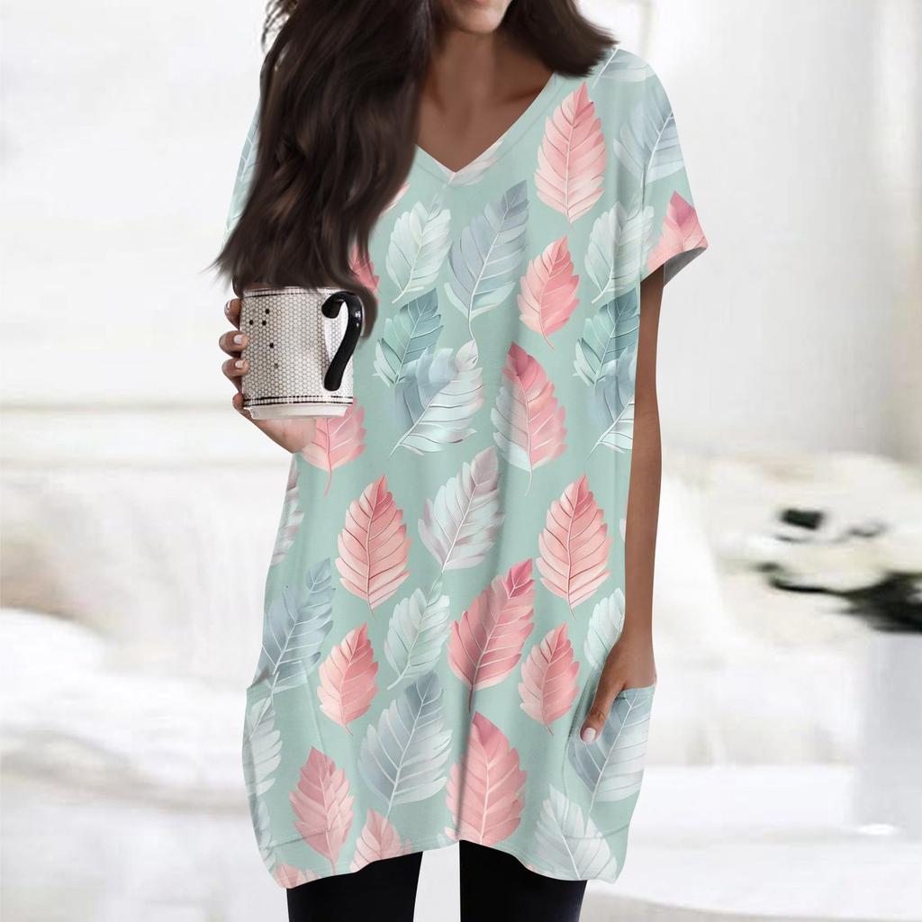 Haut Midi à Manches Courtes et Poches à Col en V pour Femme avec Imprimé Rétro Fleurs et Feuilles