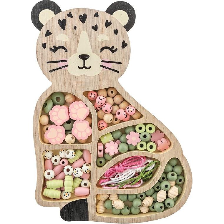 Stephen Joseph, Wooden Bead Kit for Kids, 125 Wooden Beads with 4 Necklace and 4 Bracelet Cords with Reusable Wooden Tray, Premium Wood Jewelry